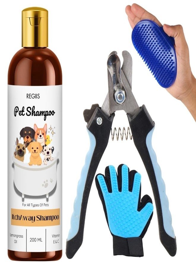 REGIIS Pet Grooming Set with Hair Away Shampoo, 200ml Lemongrass Oil Formula, Professional Nail Clipper and Deshedding Glove Brush for All Types of Pets(PACK OF 4) - Image 1